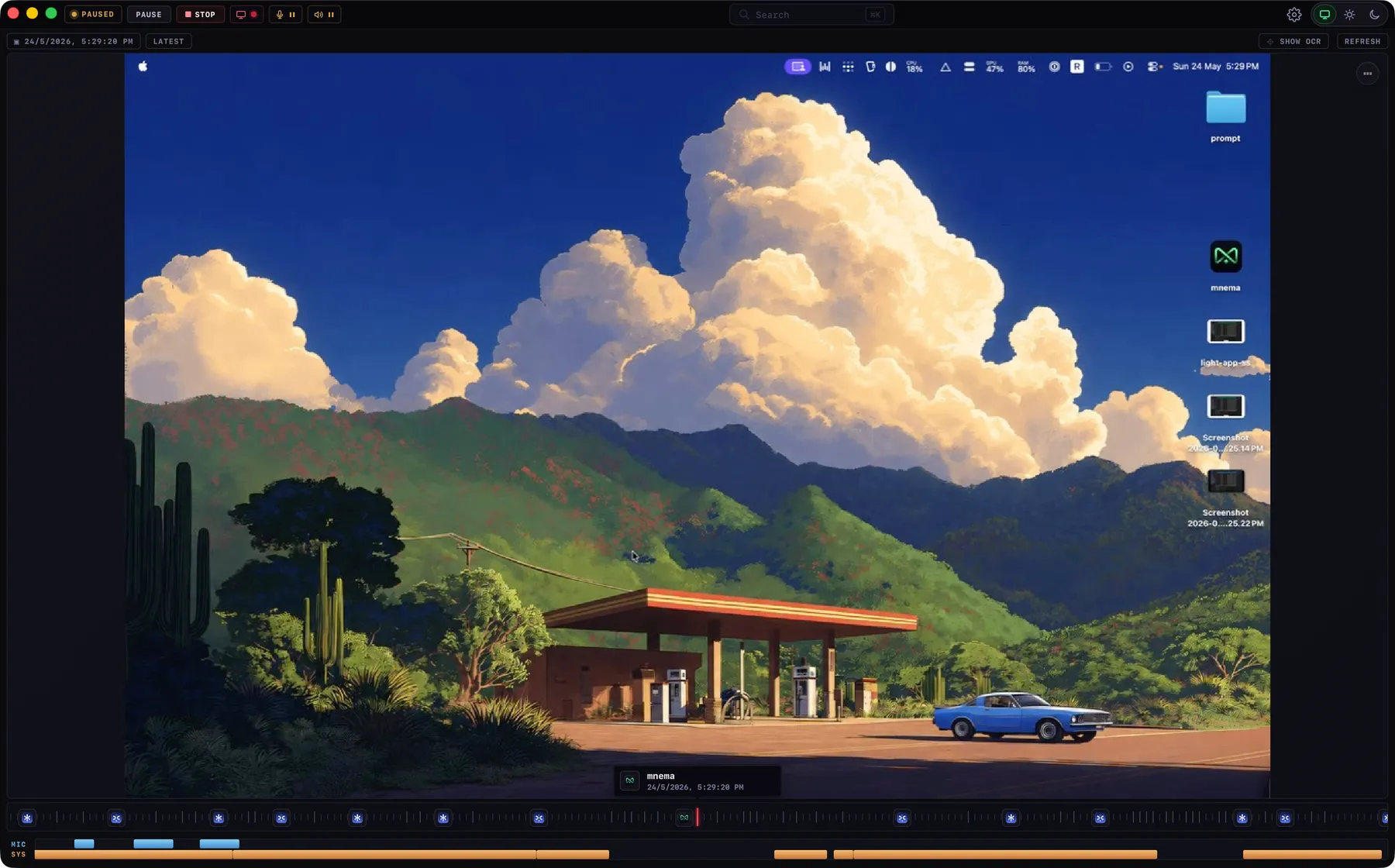 Mnema recording and timeline interface on macOS